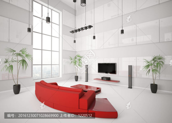 白色客廳與紅色沙發(fā)內(nèi)部3D