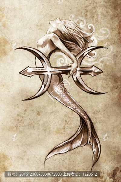 紋身藝術(shù)；美人魚素描；雙魚座復(fù)古風(fēng)格