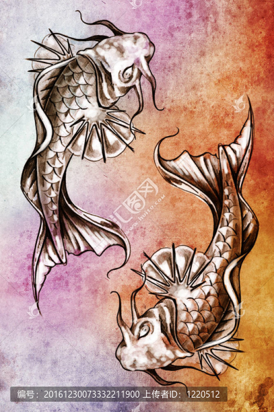 紋身藝術素描日本金魚彩色紙