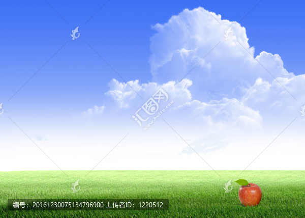 綠色田野上的蘋果和藍天白云