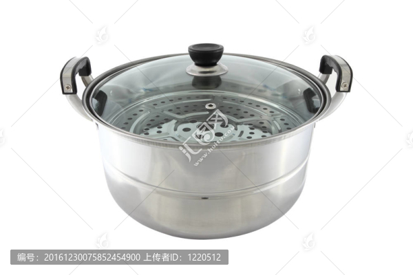 白色背景的玻璃蓋不銹鋼鍋。