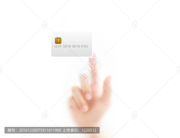 用手指壓著信用卡；在白色背景上孤立。