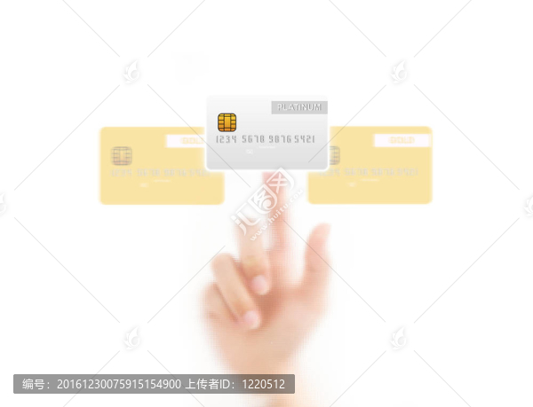 用手指壓著信用卡；在白色背景上孤立。