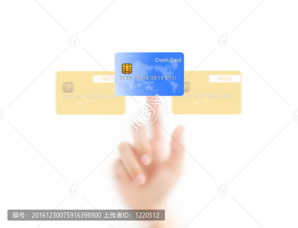 用手指壓著信用卡；在白色背景上孤立。