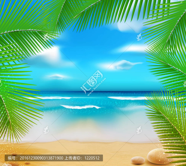 vetorny景觀以天藍(lán)色的海洋；金色的沙灘和棕櫚