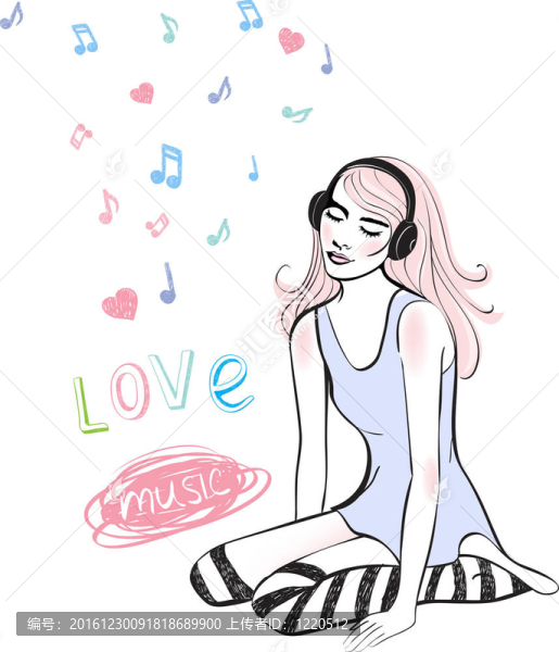 女孩聽音樂插畫