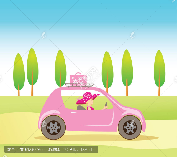 可愛復(fù)古風(fēng)格的女孩駕駛一輛粉紅色的車