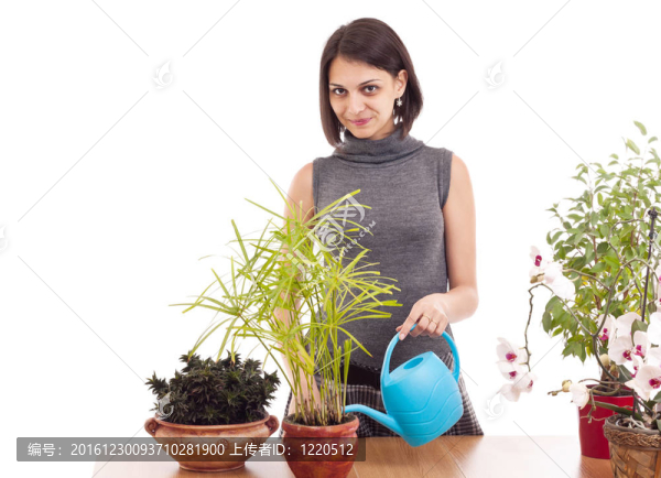 給植物澆水的婦女