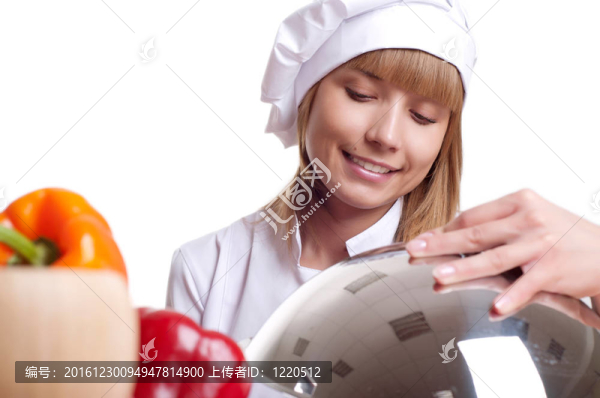 迷人的廚師女人一個(gè)白色的背景