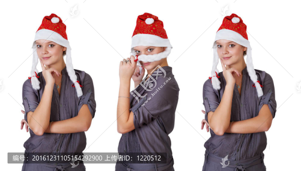 美麗的女人在黑色背景圣誕老人帽子