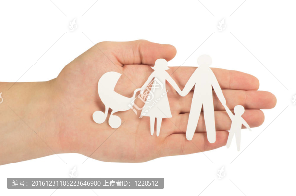 紙家族在白色的手上孤立