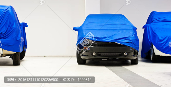 汽車被藍色床單覆蓋