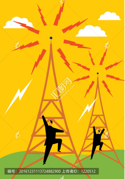 維修工程師爬上電塔的后視圖