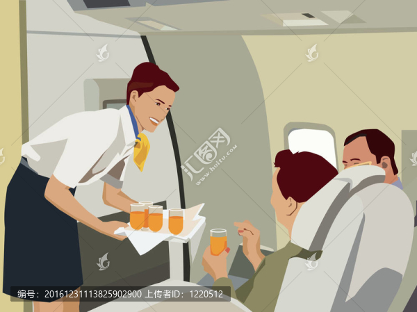 空中服務員為飛機上的乘客提供飲料