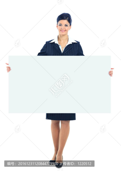 快樂的微笑的年輕女商人顯示空白的招牌；孤立在白色背景
