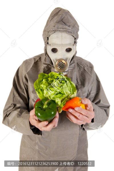 戴防毒面具和蔬菜的人