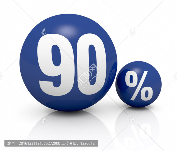 兩個(gè)藍(lán)色球體，一個(gè)與數(shù)字90和其他的百分比符號(hào)（3D渲染）