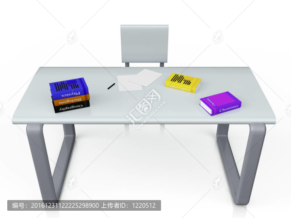 在椅子旁邊的金屬桌子上的3D圖像是白色背景的書(shū)