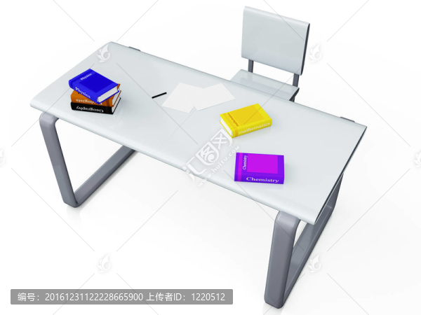 在椅子旁邊的金屬桌子上的3D圖像是白色背景的書