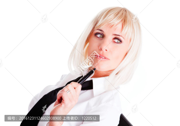 金發(fā)女商人持筆孤立在白色