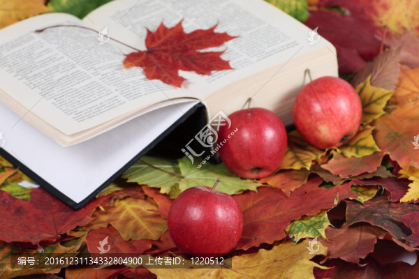 秋天；書和紅蘋果