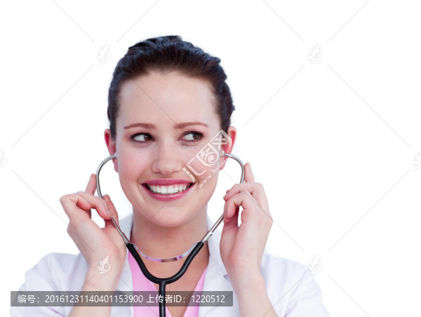 一個迷人的女醫(yī)生拿著聽診器的肖像