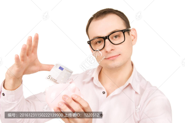 商人帶著存錢罐和錢
