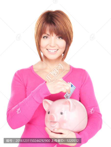 可愛的女人存錢罐和錢