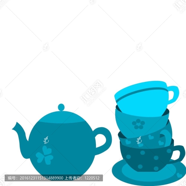 藍(lán)茶壺和四杯盤子