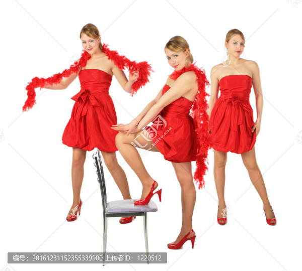 一件紅色的裙子和寶兒三個(gè)年輕的金發(fā)女郎；拼貼