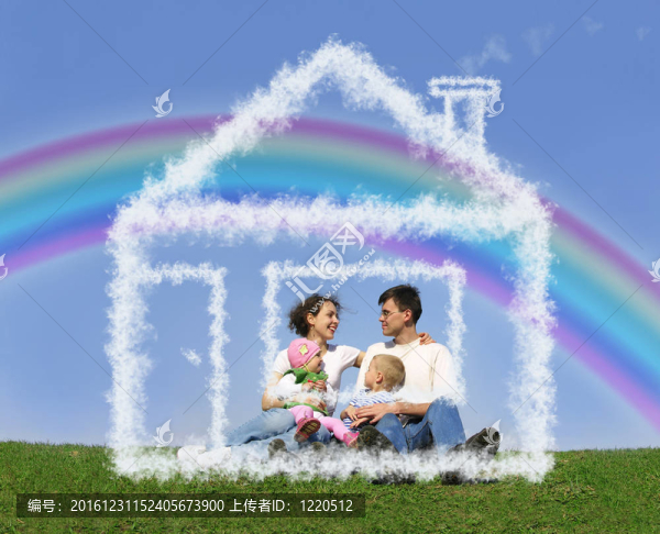 四口之家坐在夢中的房子和彩虹拼貼