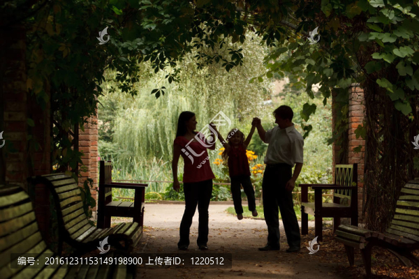 夏季植物園中的父母與小女孩。女孩在父母的手上搖動(dòng)。