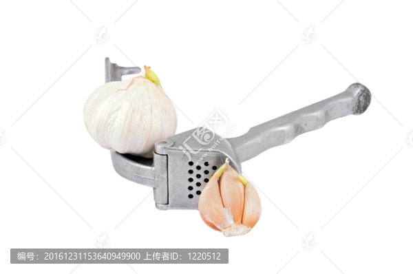 大蒜壓榨和大蒜；白色背景分離