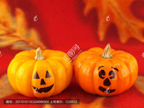 在秋天的紅色布料背景下有著滑稽面孔的迷你南瓜
