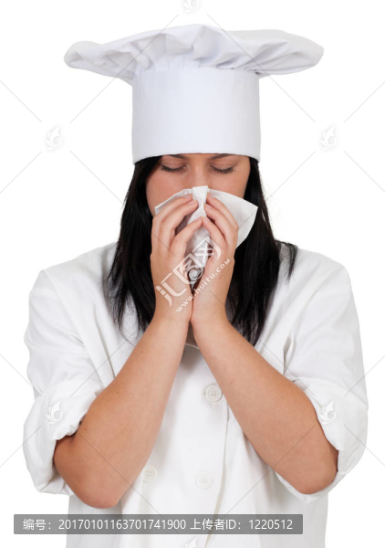 在白色的制服和帽子與下賤的女廚師；流鼻涕