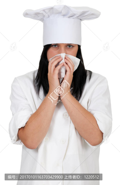 在白色的制服和帽子與下賤的女廚師；流鼻涕