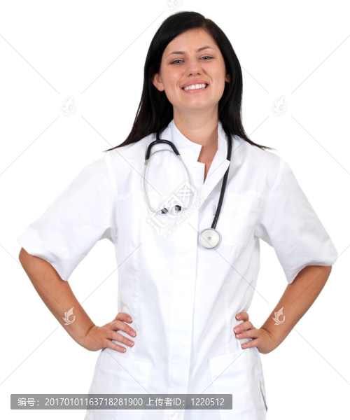 白色制服的年輕女醫(yī)生用聽(tīng)診器的微笑；