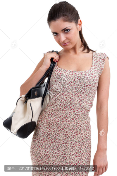 年輕的黑發(fā)婦女與袋；孤立