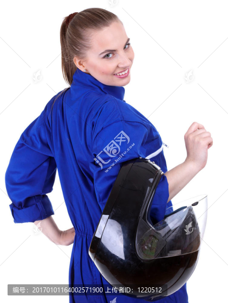 藍(lán)色工作服與黑色摩托車頭盔女