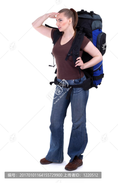 站立的年輕女游客背包；孤立