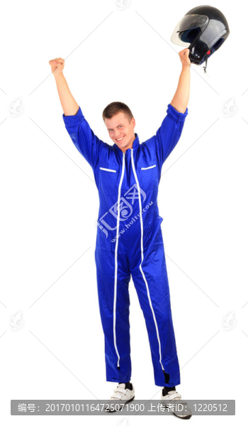 藍色工作服與黑色的贏家的摩托車頭盔