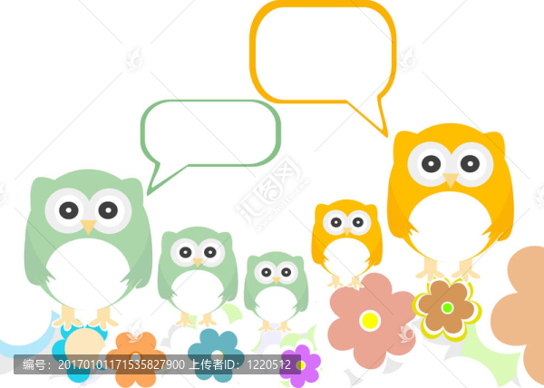 帶有花和語音泡泡的貓頭鷹家庭