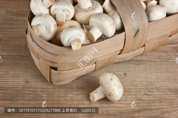 木制背景的蘑菇籃子