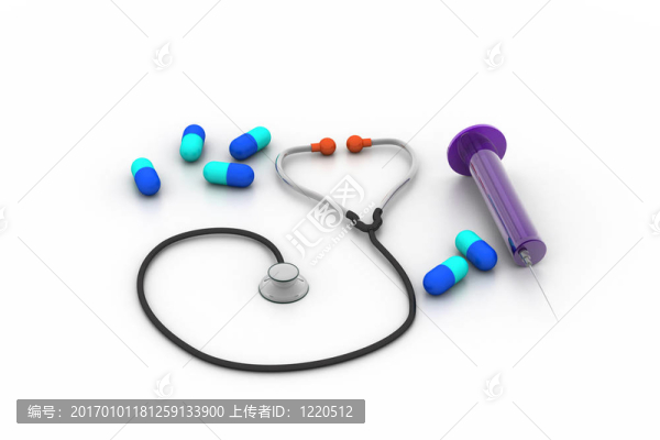 3D渲染的聽診器；注射器