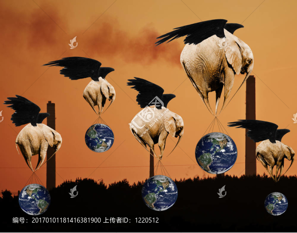 從污染和工業(yè)中拯救地球和環(huán)境的飛行大象的創(chuàng)意概念