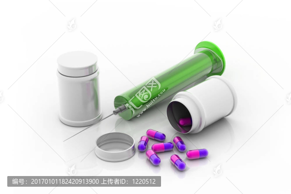 注射器和藥丸對(duì)孤立