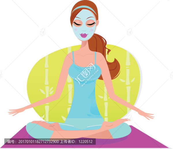 美麗的女人用面膜坐在瑜伽墊和meditat