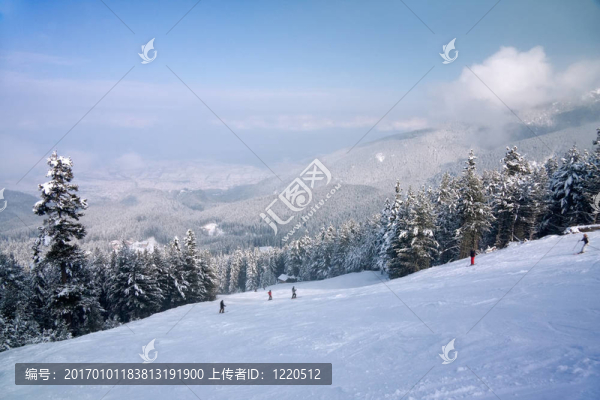 滑雪坡和冬山全景