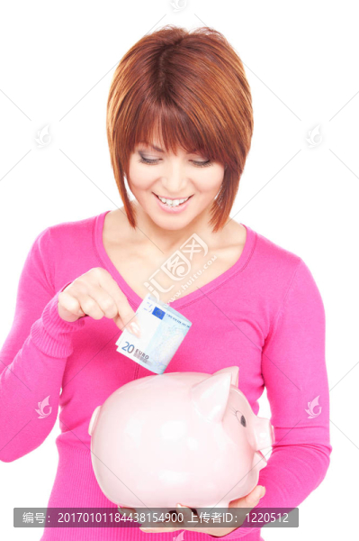 可愛的女人存錢罐和錢