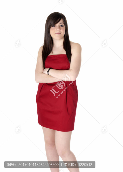 年輕女子美麗與紅衣服孤立在白色。